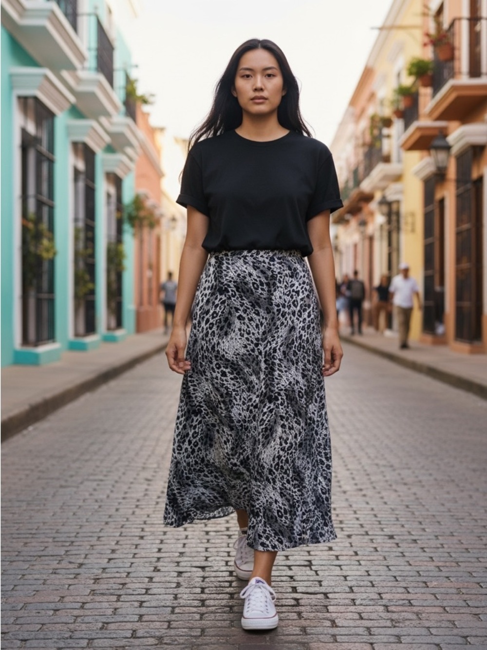 NWT New Shelly & Arnold Black White Animal Print Rayon Maxi Skirt Size M